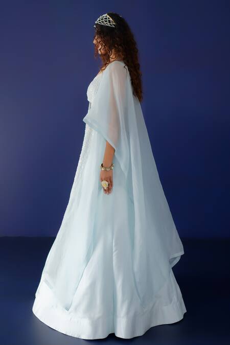 Shop_Ridhimaa Gupta_Blue Silk Organza, Viscose, Silk, Cotton Zaara Resham Work Cape And Lehenga Set _Online_at_Aza_Fashions