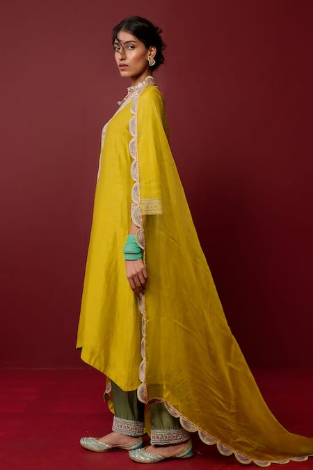 Shop_Ridhimaa Gupta_Yellow Organza, Viscose, Embroidery Preyasi Placement Kurta Pant Set _at_Aza_Fashions