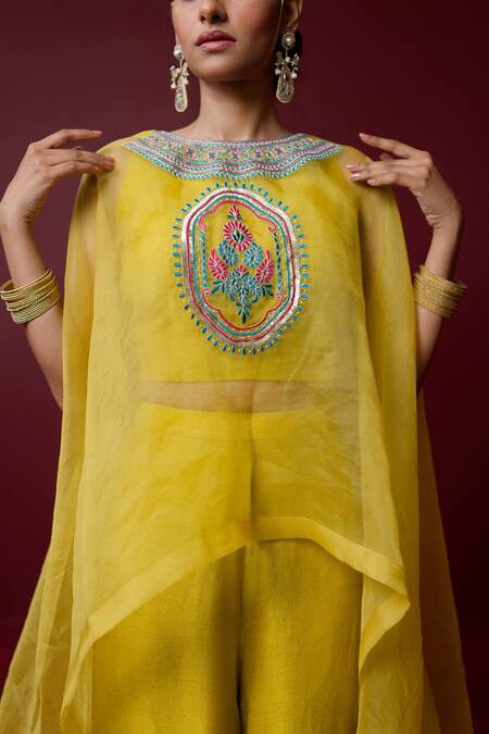 Ridhimaa Gupta Yellow Silk Organza, Viscose Embroidery Round Neck Savitri Hand Cape Pant Set Online at Aza Fashions Ridhimaa Gupta_Yellow Silk Organza, Viscose Embroidery Round Neck Savitri Hand Cape Pant Set _Online_at_Aza_Fashions