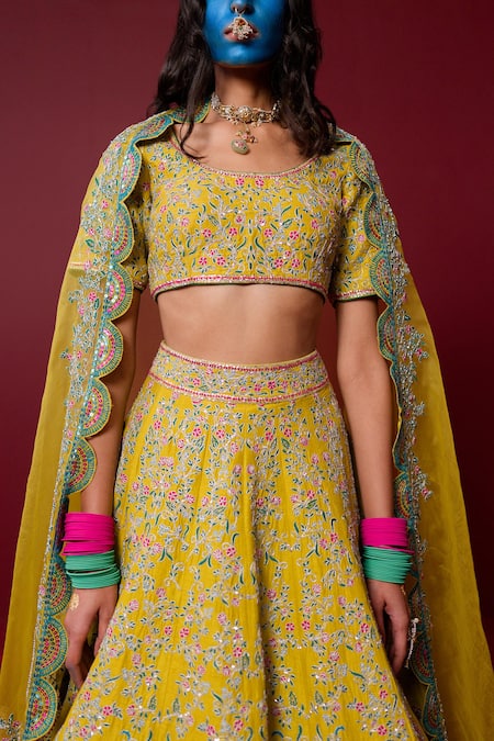 Buy Ridhimaa Gupta Yellow Organza, Viscose, Embroidery Round Rudrani Floral Lehenga Set Online at Aza Fashions Buy_Ridhimaa Gupta_Yellow Organza, Viscose, Embroidery Round Rudrani Floral Lehenga Set _Online_at_Aza_Fashions
