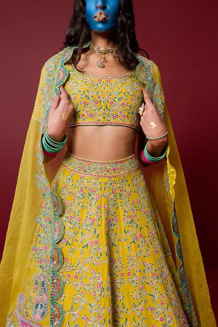 Shop Ridhimaa Gupta Yellow Organza, Viscose, Embroidery Round Rudrani Floral Lehenga Set Online at Aza Fashions Shop_Ridhimaa Gupta_Yellow Organza, Viscose, Embroidery Round Rudrani Floral Lehenga Set _Online_at_Aza_Fashions