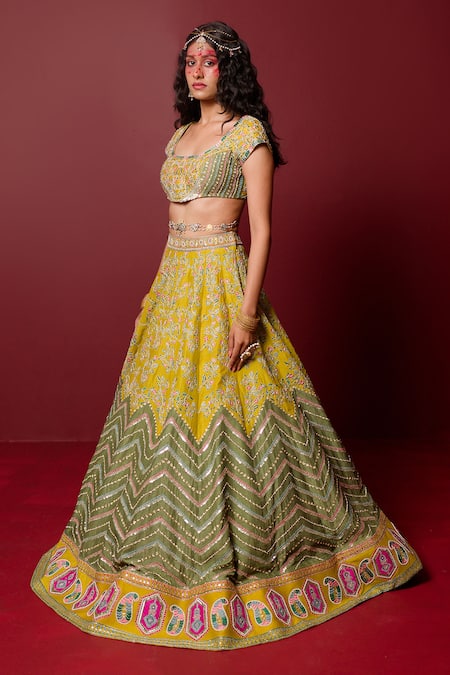 Shop_Ridhimaa Gupta_Yellow Silk Organza, Viscose Aarya Floral And Chevron Lehenga With Blouse _at_Aza_Fashions