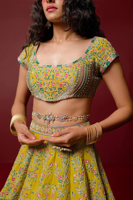 Ridhimaa Gupta_Yellow Silk Organza, Viscose Aarya Floral And Chevron Lehenga With Blouse _Online_at_Aza_Fashions