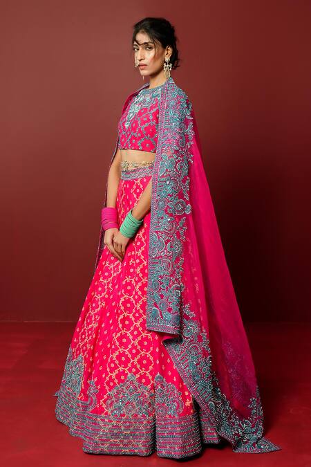 Ridhimaa Gupta_Pink Organza, Viscose, Kaushika Bandhani Pattern Bridal Lehenga Set _Online_at_Aza_Fashions