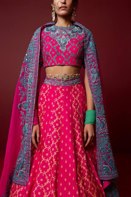 Buy_Ridhimaa Gupta_Pink Organza, Viscose, Kaushika Bandhani Pattern Bridal Lehenga Set _Online_at_Aza_Fashions