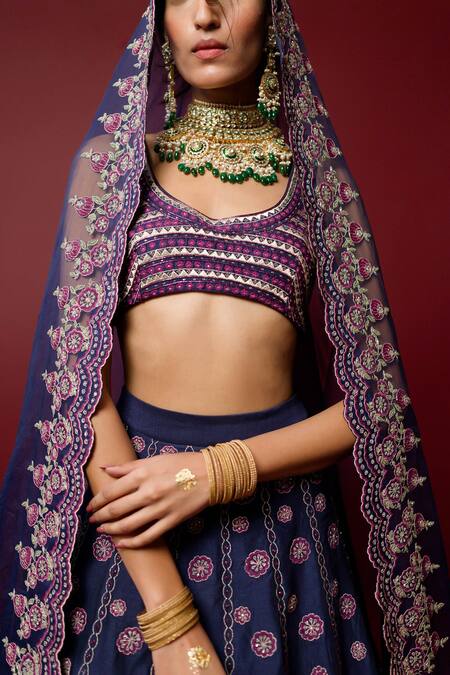 Buy_Ridhimaa Gupta_Blue Organza, Viscose, Embroidery Niranjana Butti Bridal Lehenga Set _Online_at_Aza_Fashions