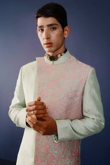 Ridhimaa Gupta_Green Viscose, Silk Sequins, Embroidery Muraad Hand Sherwani Set _Online_at_Aza_Fashions