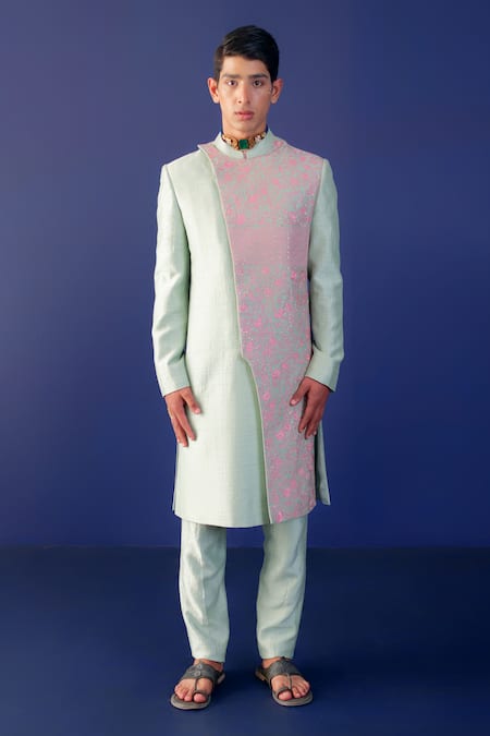 Buy_Ridhimaa Gupta_Green Viscose, Silk Sequins, Embroidery Muraad Hand Sherwani Set _Online_at_Aza_Fashions