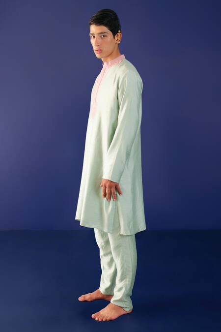 Ridhimaa Gupta_Green Cotton, Viscose Embroidery Waqif Hand Kurta And Pant Set _Online_at_Aza_Fashions