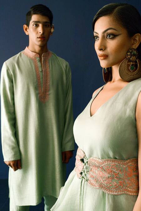 Buy_Ridhimaa Gupta_Green Cotton, Viscose Embroidery Waqif Hand Kurta And Pant Set _Online_at_Aza_Fashions