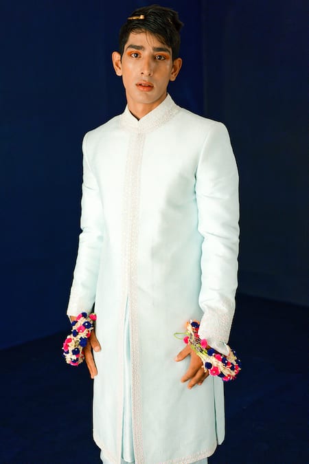 Ridhimaa Gupta_Blue Viscose, Cotton Pearls, Sequins, Embroidery Samar Hand Sherwani Set _Online_at_Aza_Fashions