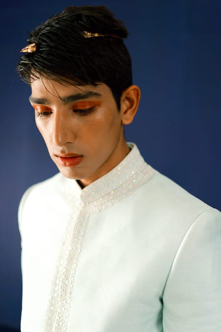 Buy_Ridhimaa Gupta_Blue Viscose, Cotton Pearls, Sequins, Embroidery Samar Hand Sherwani Set _Online_at_Aza_Fashions