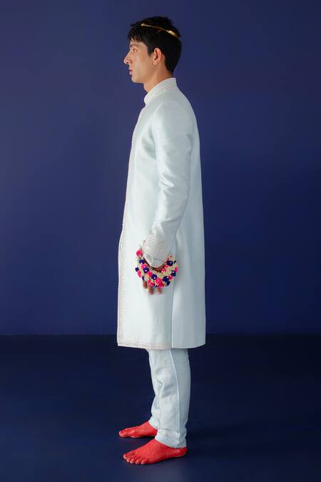 Shop_Ridhimaa Gupta_Blue Viscose, Cotton Pearls, Sequins, Embroidery Samar Hand Sherwani Set _Online_at_Aza_Fashions