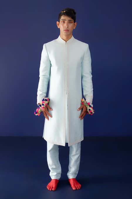 Ridhimaa Gupta_Blue Viscose, Cotton Pearls, Sequins, Embroidery Samar Hand Sherwani Set _at_Aza_Fashions