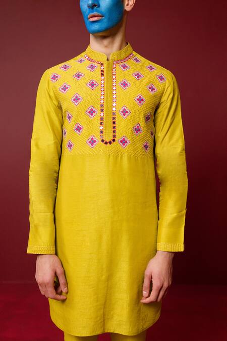 Ridhimaa Gupta_Yellow Cotton, Viscose Embroidery Shankara Hand Kurta And Pant Set _Online_at_Aza_Fashions