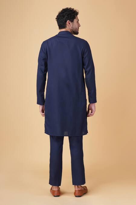 Shop_Manish Nagdeo_Blue Cotton Embroidery Placement Printed Kurta Set _at_Aza_Fashions