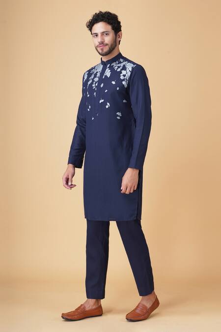 Buy_Manish Nagdeo_Blue Cotton Embroidery Placement Printed Kurta Set _Online_at_Aza_Fashions