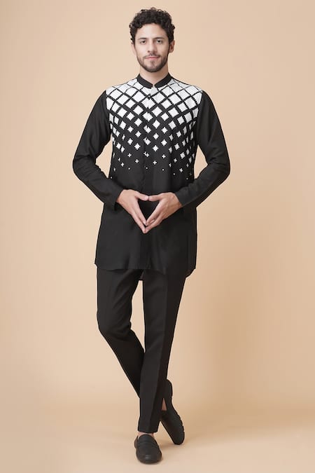 Manish Nagdeo Black Ruby Cotton Silk Printed Abstract Kurta Set 