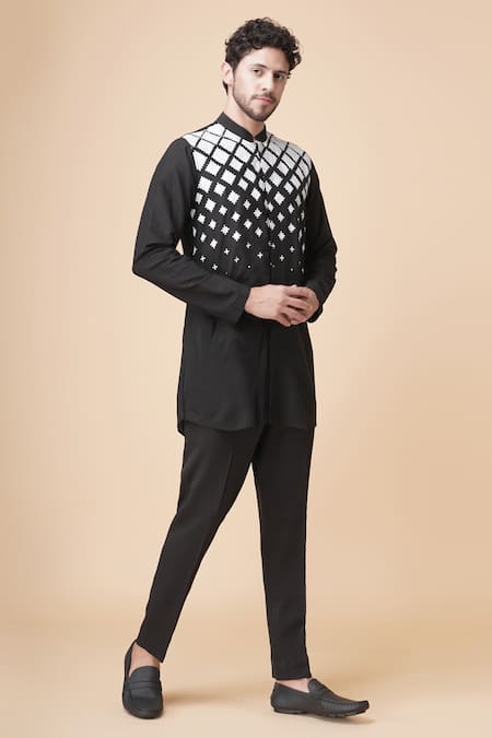 Manish Nagdeo_Black Cotton, Silk Abstract Print Kurta Set _Online_at_Aza_Fashions