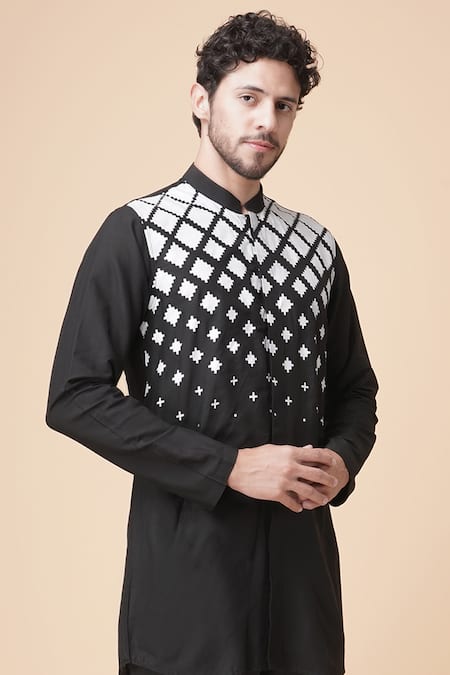 Buy_Manish Nagdeo_Black Cotton, Silk Abstract Print Kurta Set _Online_at_Aza_Fashions