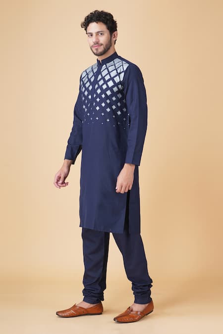 Buy Manish Nagdeo Blue Cotton, Silk Embroidery Geometric Placement Print Kurta Set Online at Aza Fashions Buy_Manish Nagdeo_Blue Cotton, Silk Embroidery Geometric Placement Print Kurta Set _Online_at_Aza_Fashions