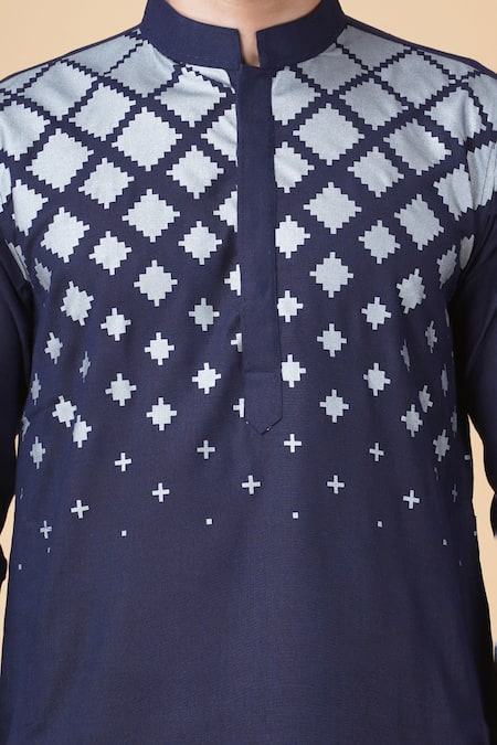 Shop Manish Nagdeo Blue Cotton, Silk Embroidery Geometric Placement Print Kurta Set Online at Aza Fashions Shop_Manish Nagdeo_Blue Cotton, Silk Embroidery Geometric Placement Print Kurta Set _Online_at_Aza_Fashions