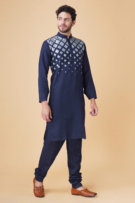 Manish Nagdeo Blue Cotton, Silk Embroidery Geometric Placement Print Kurta Set at Aza Fashions Manish Nagdeo_Blue Cotton, Silk Embroidery Geometric Placement Print Kurta Set _at_Aza_Fashions