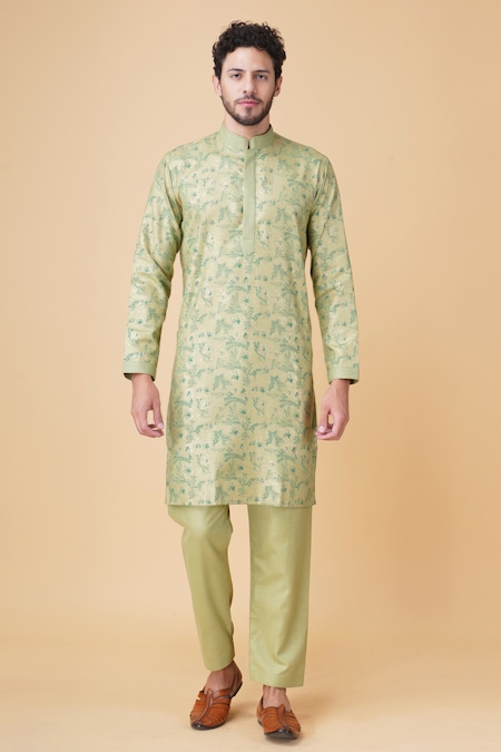 Buy_Manish Nagdeo_Green Cotton, Silk Embroidery Floral Print Kurta Set _at_Aza_Fashions