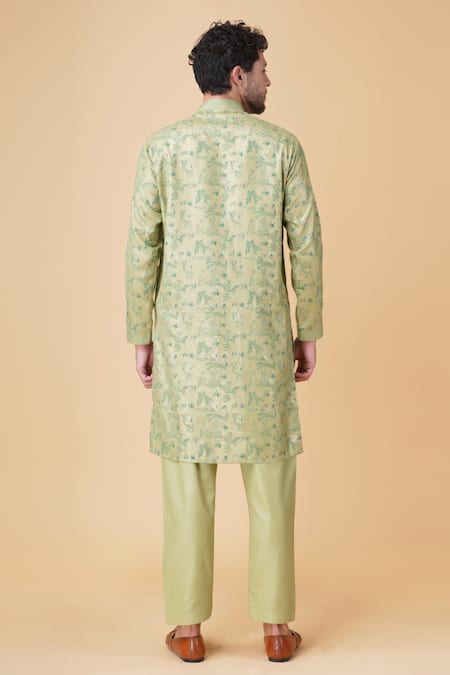 Shop_Manish Nagdeo_Green Cotton, Silk Embroidery Floral Print Kurta Set _at_Aza_Fashions