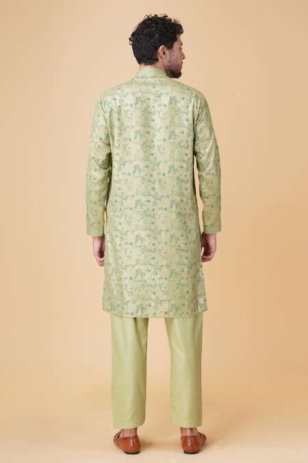 Shop_Manish Nagdeo_Green Cotton, Silk Embroidery Floral Print Kurta Set _at_Aza_Fashions