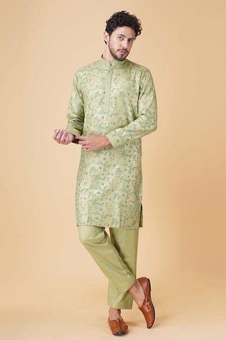 Buy_Manish Nagdeo_Green Cotton, Silk Embroidery Floral Print Kurta Set _Online_at_Aza_Fashions