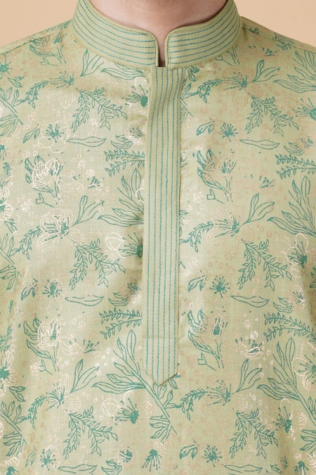 Shop_Manish Nagdeo_Green Cotton, Silk Embroidery Floral Print Kurta Set _Online_at_Aza_Fashions