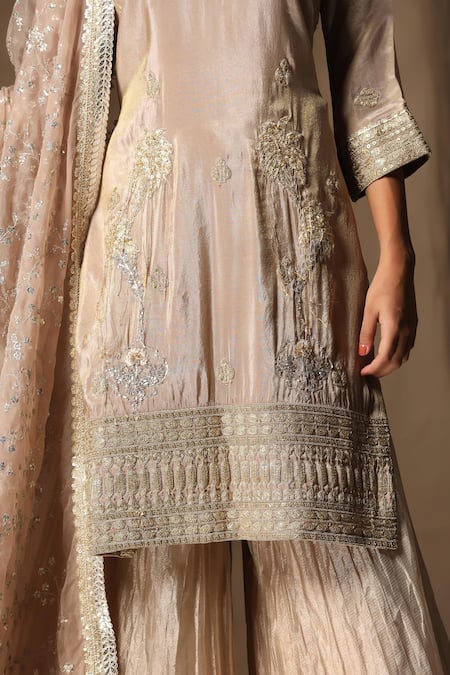 tara thakur_Beige Silk Sequins, Embroidery Round Neck Kurta Sharara Set _Online_at_Aza_Fashions