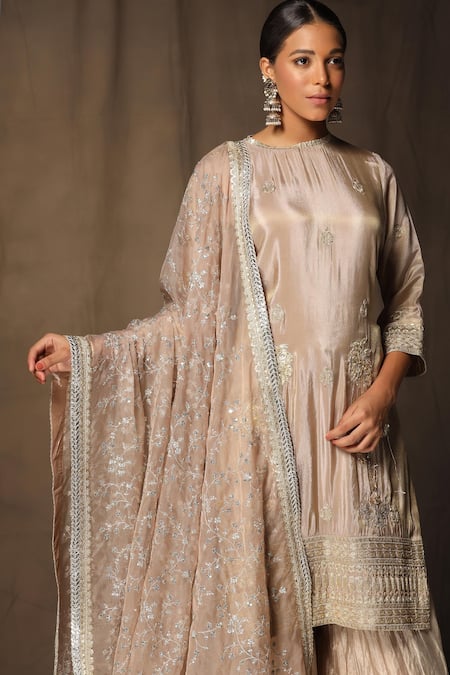 Shop_tara thakur_Beige Silk Sequins, Embroidery Round Neck Kurta Sharara Set _Online_at_Aza_Fashions