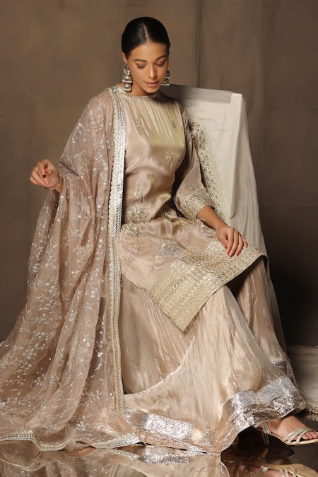 Buy_tara thakur_Beige Silk Sequins, Embroidery Round Neck Kurta Sharara Set 