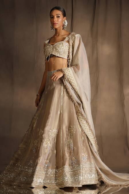 tara thakur_Beige Silk Sequins, Embroidery Sweetheart Neck Blouse Bridal Lehenga Set _Online_at_Aza_Fashions
