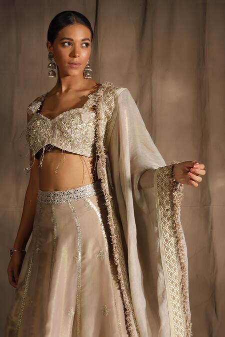 Buy_tara thakur_Beige Silk Sequins, Embroidery Sweetheart Neck Blouse Bridal Lehenga Set _Online_at_Aza_Fashions