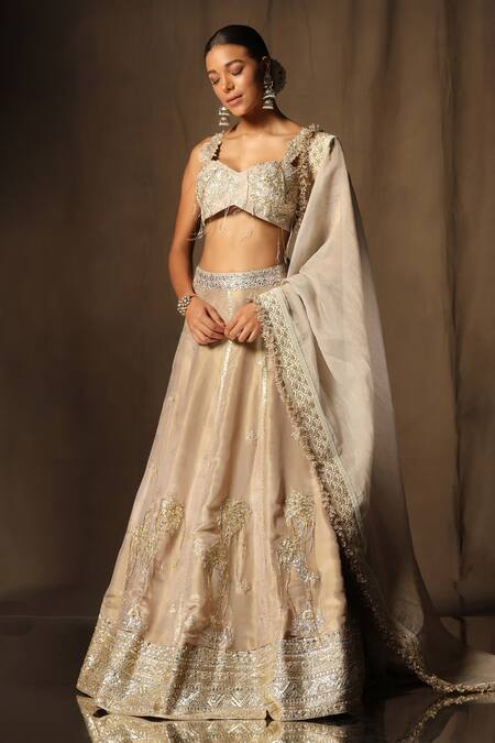 tara thakur_Beige Silk Sequins, Embroidery Sweetheart Neck Blouse Bridal Lehenga Set _at_Aza_Fashions