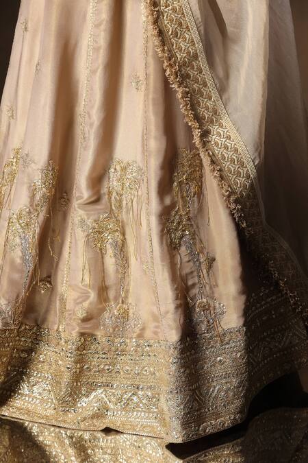 Buy_tara thakur_Beige Silk Sequins, Embroidery Sweetheart Neck Blouse Bridal Lehenga Set 