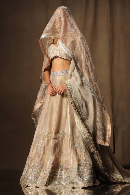 Shop tara thakur Beige Silk Sequins, Embroidery Sweetheart Neck Blouse Bridal Lehenga Set Shop_tara thakur_Beige Silk Sequins, Embroidery Sweetheart Neck Blouse Bridal Lehenga Set