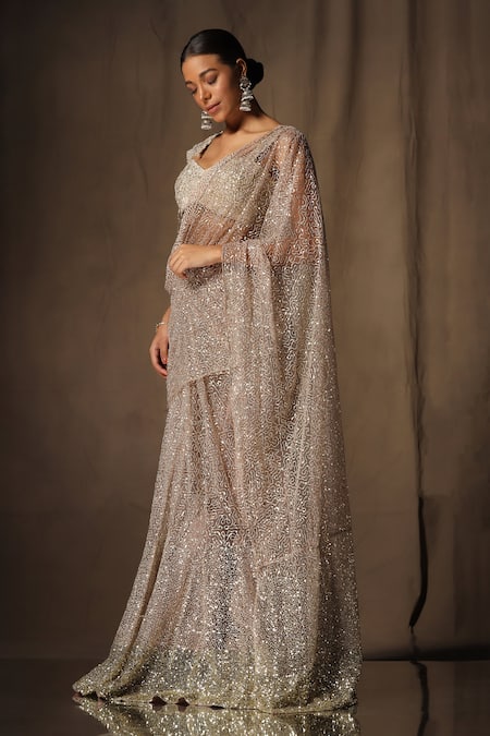 Buy_tara thakur_Beige Net Sequins Sweetheart Neck Embroidered Pre-draped Saree With Blouse _Online_at_Aza_Fashions