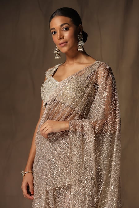 Shop_tara thakur_Beige Net Sequins Sweetheart Neck Embroidered Pre-draped Saree With Blouse _Online_at_Aza_Fashions