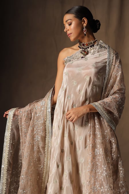 Tara Thakur_Beige Silk Embroidery, Sequins One Shoulder Tunic Sharara Set _Online_at_Aza_Fashions