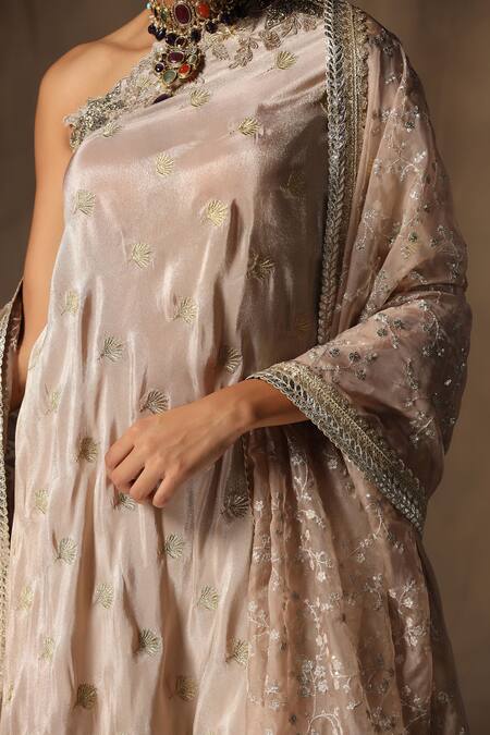 Shop_Tara Thakur_Beige Silk Embroidery, Sequins One Shoulder Tunic Sharara Set _Online_at_Aza_Fashions