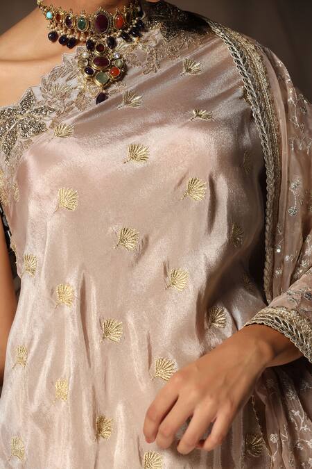 Tara Thakur_Beige Silk Embroidery, Sequins One Shoulder Tunic Sharara Set _at_Aza_Fashions