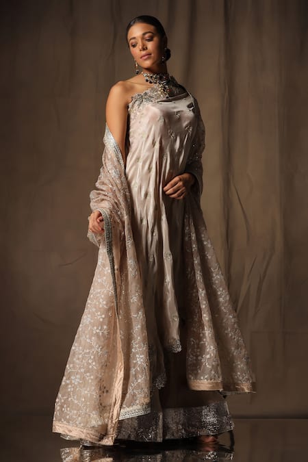 Shop_Tara Thakur_Beige Silk Embroidery, Sequins One Shoulder Tunic Sharara Set _at_Aza_Fashions