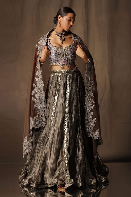 tara thakur_Brown Tissue Sequins Sweetheart Neck Embroidered Blouse Lehenga Set _Online_at_Aza_Fashions