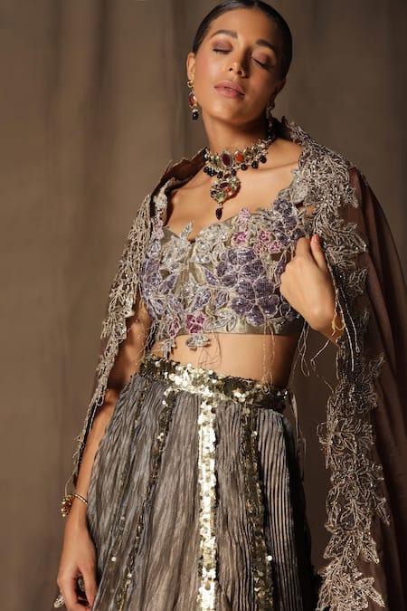 Shop_tara thakur_Brown Tissue Sequins Sweetheart Neck Embroidered Blouse Lehenga Set _Online_at_Aza_Fashions