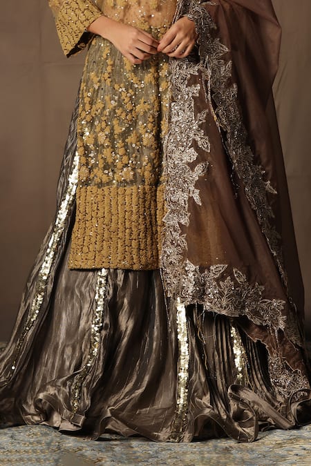 tara thakur_Brown Tissue, Net Sequins, Embroidery Round Neck Tunic Sharara Set _Online_at_Aza_Fashions