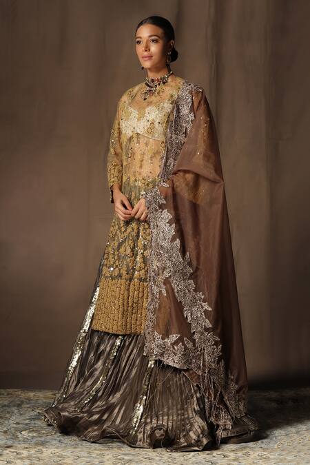 Buy_tara thakur_Brown Tissue, Net Sequins, Embroidery Round Neck Tunic Sharara Set _Online_at_Aza_Fashions
